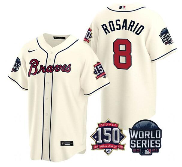 Men's Atlanta Braves #8 Eddie Rosario 2021 Cream World Series With 150th Anniversary Patch Cool Base Stitched Jersey Men's Atlanta Braves #8 Eddie Rosario 2021 Cream World Series With 150th Anniversary Patch Cool Base Stitched Jersey